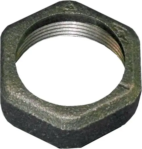 Grau metallische Überwurfmutter mit Gewinde, hexagonal, auf weißem Hintergrund, möglicherweise von der Marke Wolf.
